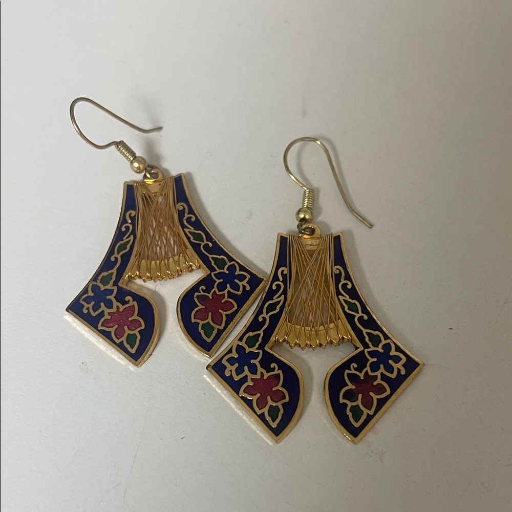 Source Unknown Gold and Blue Floral Enamel Drop Earrings